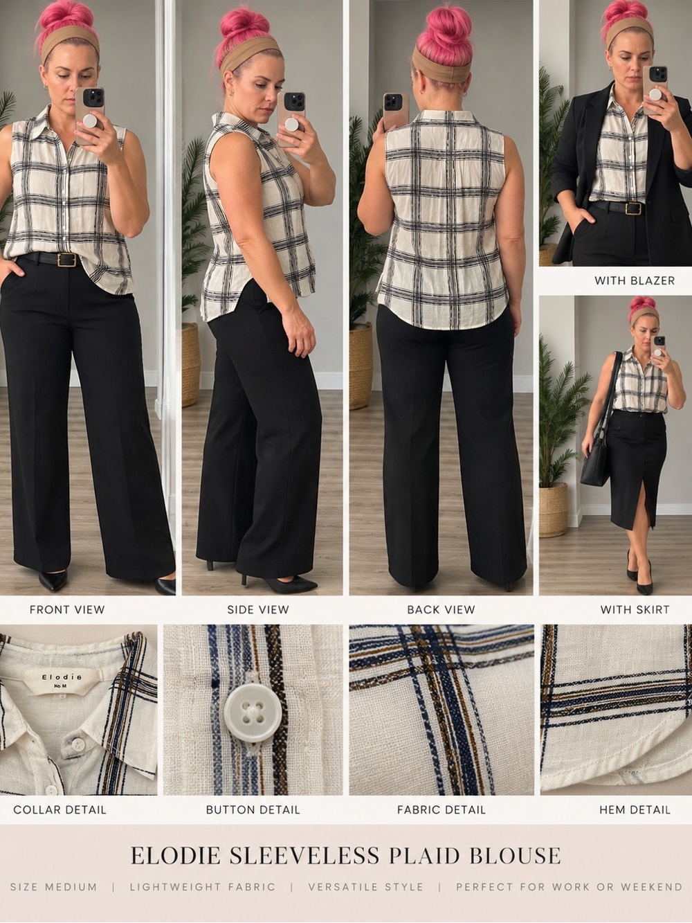 Elodie Black Sleeveless Plaid Blouse